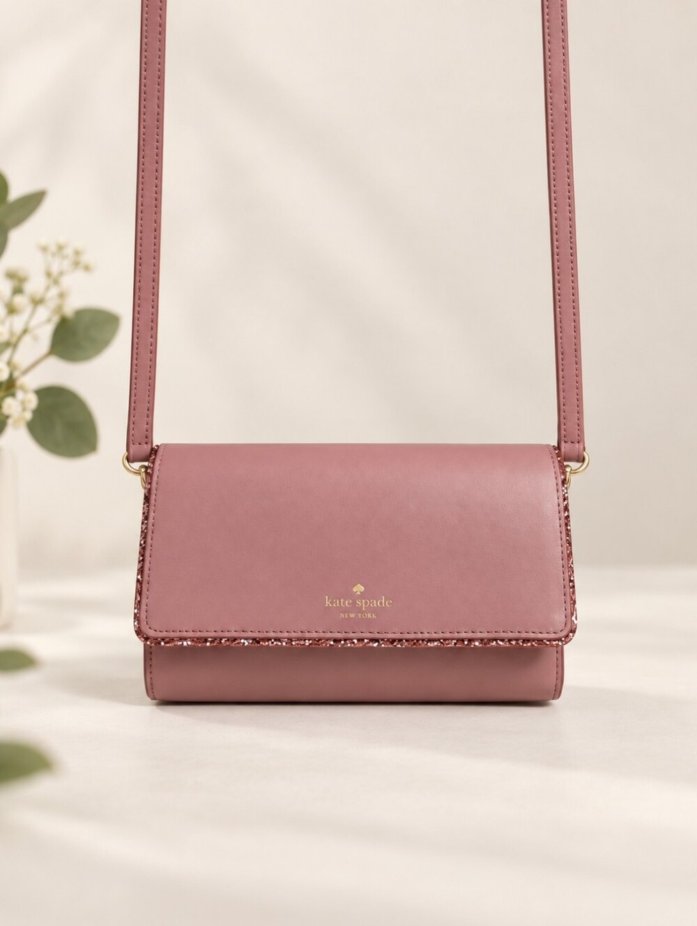 Kate Spade Blush Pink Glitter Trim Crossbody Bag Wallet EUC Like New